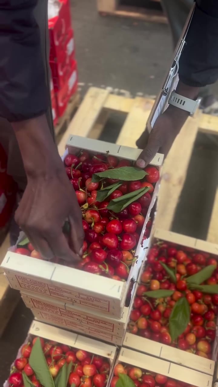 Stacked crates of Provence cherries